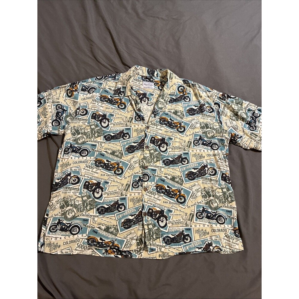 David Carey Originals Mens 2XL Vintage Motorcycle Postcard Collage Beach Shirt